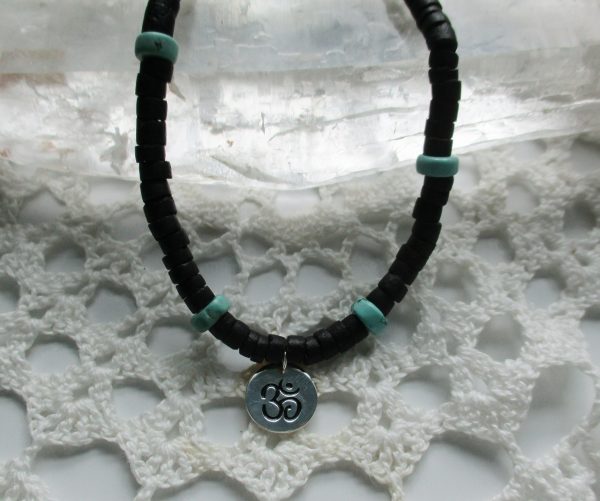 OM Charm on Black Coral with Turquoise, Om necklace, 20% off! - Image 3