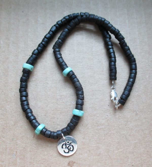 OM Charm on Black Coral with Turquoise, Om necklace, 20% off! - Image 2