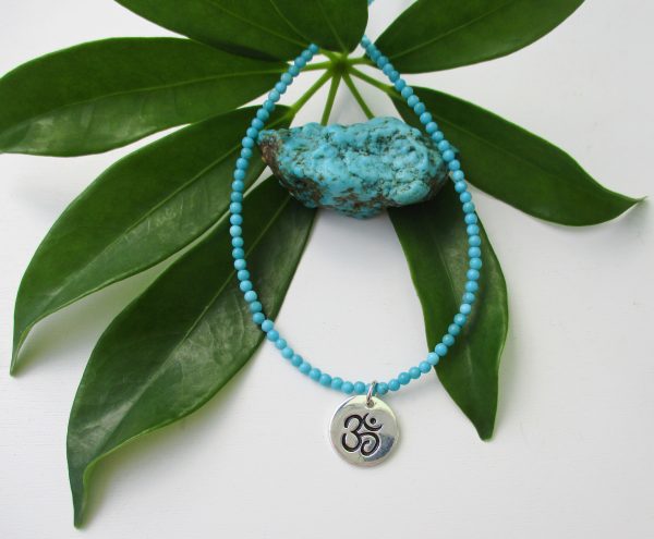 Om Necklace, Silver Om Pendant, Turquoise Beads, Choker Style - Image 4