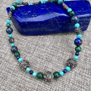 Gemstone necklace, lapis, turquoise, malachite