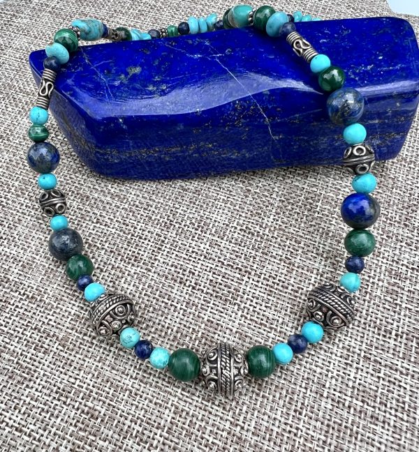 Gemstone necklace, lapis, turquoise, malachite